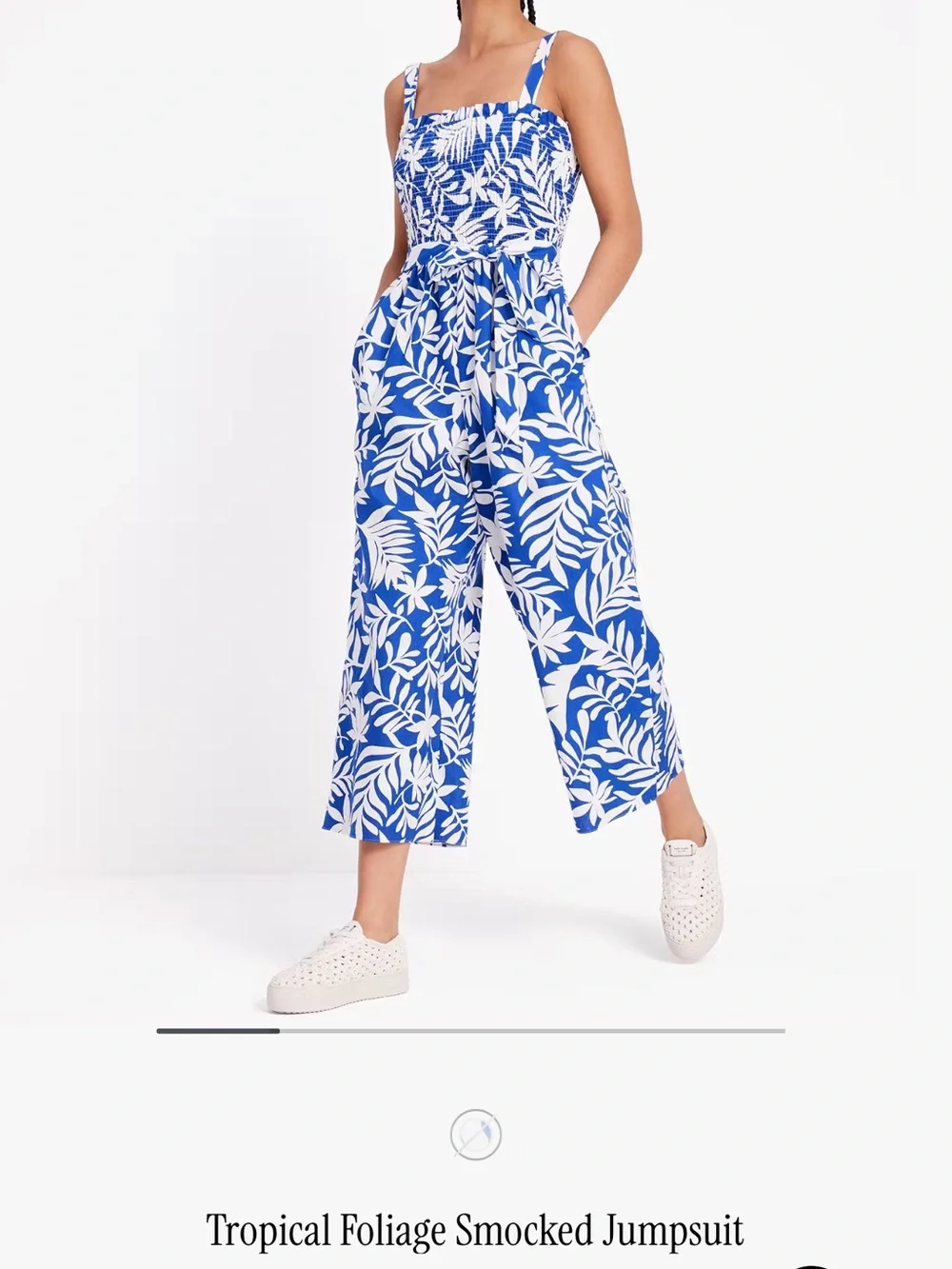 NWOT kate spade Blue & White Tropical Foliage Smocked Jumpsuit Wide-Leg Crop